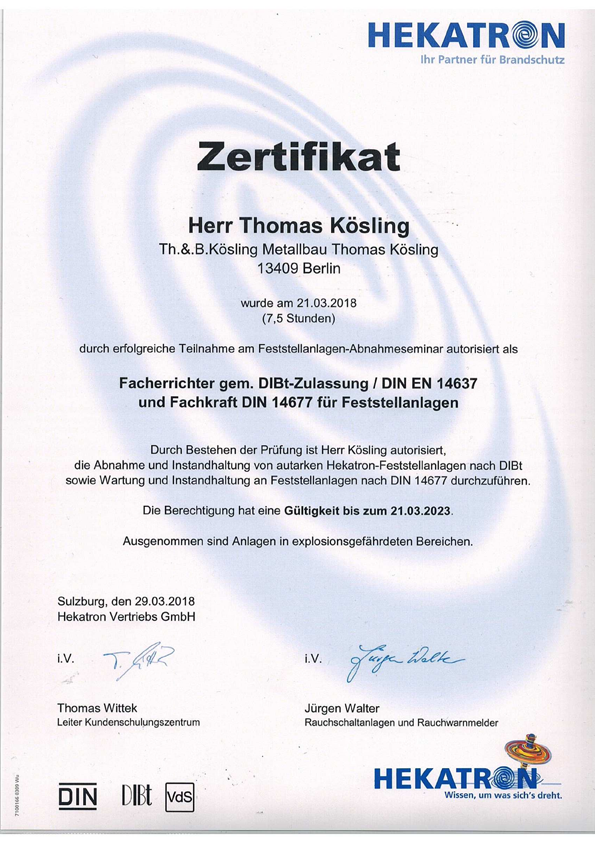 Zertifikat Feststellanlagen