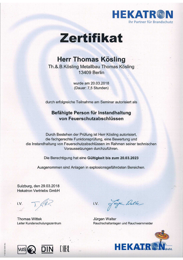 Zertifikat Feuerabschlüsse
